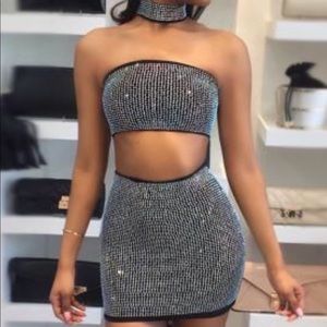 2 piece black bedazzled skirt set a/ choker